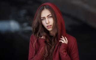 Обои girl, model, sweater, looking at camera, open mouth, brown eyes, hood, face, portrait, lips, photographer, brown hair, long hair, brunette, photo, mouth