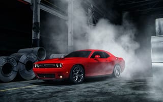 Обои Dodge, American, Challenger, Car, Red, Front, Muscle, Ligth, Smoke