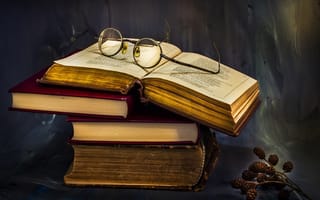 Обои A pile of knowledge, книги, очки, ольха