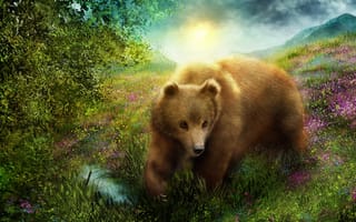 Картинка медведь, рендеринг, трава, мишка, природа