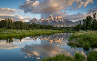 Картинка зелень, лес, трава, пейзаж, лето, горы, небо, облака