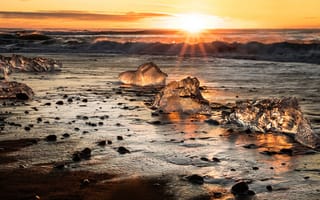 Картинка лед, зима, море, облака, волны, солнце, небо, лучи