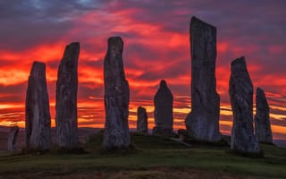 Картинка небо, облака, древность, силуэт, закат, красный, камни, Шотландия