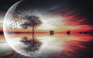 Картинка Fantasy, луна, деревья, птицы