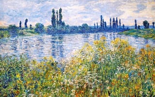 Картинка Клод Моне, река, трава, небо, цветы, пейзаж, деревья, картина