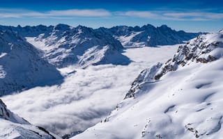 Картинка зима, небо, туман, облака, горы, пейзаж, снег, природа