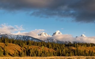 Картинка осень, лес, горы, голубой, свет, облака, снег, небо