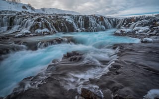 Обои Iceland, пейзаж, природа, водопад, Исландия, скалы, камни, поток, облака