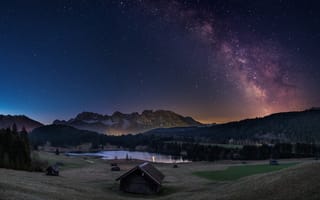 Картинка лес, звезды, горы, ночь, домик, млечный путь, озеро, Альпы