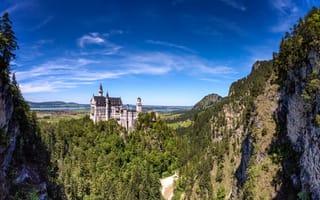 Картинка Германия, деревья, замок Нойшванштайн, небо, Бавария, горы, облака, озеро