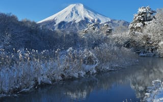 Картинка Япония, небо, деревья, река, Фудзияма, снег, зима, гора, природа