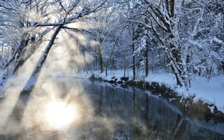 Картинка природа, блик, свет, река, лучи, снег, зима