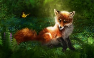 Картинка лиса, природа, бабочка, трава, рендеринг, рыжая, лисица