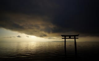 Картинка Япония, тории, Japan, пейзаж, небо, облака, ворота, океан