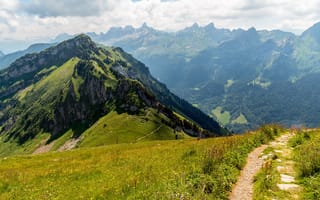 Картинка дорога, пейзаж, вершины, горы, Швейцария, природа, тропа, Альпы