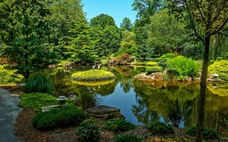 Картинка США, Gibbs Gardens, Ball Ground, зелень, вода, пруд, деревья, камни, парк
