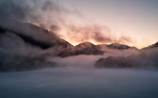 Картинка лед, зима, горы, туман, природа, река, лес, снег
