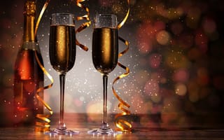 Картинка праздник, бокалы, пузырьки воздуха, золотой серпантин, боке, шампанское, искорки, Новый год, бутылка, блеск стекла, блики света