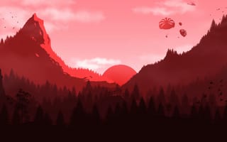 Картинка лес, солнце, парашютисты, закат, горы