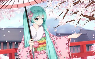 Картинка арт, аниме, hatsune miku, кимоно, vocaloid, зонт, sugar sound, девушка, улыбка, лепестки, сакура