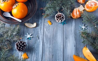Обои украшения, tangerine, Новый Год, ветки ели, fir tree, winter, хурма, Merry, Christmas, New Year, wood, mandarines, fruit, decoration, Рождество, мандарины