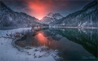 Картинка зима, Австрия, отражение, небо, лес, закат, озеро, горы, Friedrich Beren