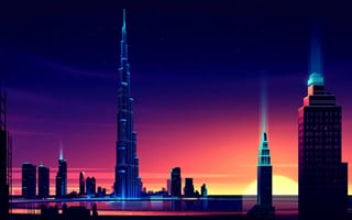 Картинка солнце, пейзаж, вектор, закат, небоскребы, здания, город, стиль