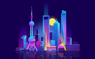 Картинка ночь, город, башня, здания, вектор, стиль, минимализм, арт