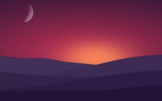 Картинка закат, рассвет, луна, минимализм, холмы, птица