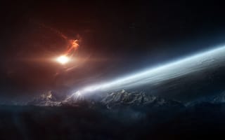 Картинка космос, звезды, планета, арт, поверхность, туманность, скалы, горы