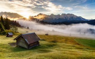 Картинка Бавария, трава, деревья, горы, Германия, утро, туман, природа, дом