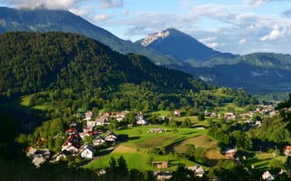 Картинка Словения, Zgornje Gorje, горы, поля, домики, зелень, леса