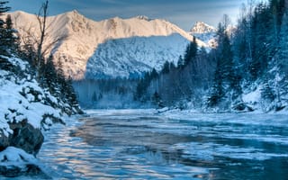 Картинка Alaska, река, зима, пейзаж, горы, природа, лес