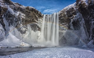 Картинка Исландия, небо, горы, снег, зима, радуга, водопад