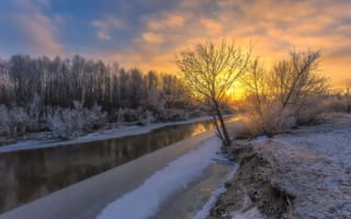 Картинка лед, небо, зима, река, рассвет, деревья, мороз, Aleksei Malygin