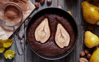 Картинка листья, доски, шоколад, пирог, фундук, орехи, какао, груши