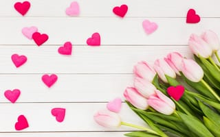 Обои любовь, тюльпаны, wood, розовые, love, tulips, romantic, pink, сердечки, букет, flowers, valentine's day, hearts