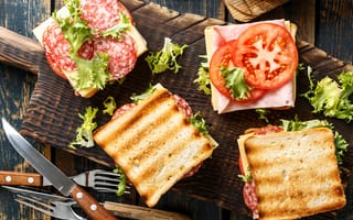 Картинка сыр, хлеб, нарезка, помидоры, тосты, салями