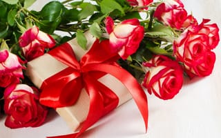 Обои любовь, valentine's day, flowers, red, love, romantic, подарок, букет, roses, красные, розы, gift box, лента