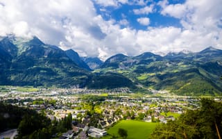 Картинка Австрия, долина, дома, городок, панорама, горы, Muttersberg, вид сверху