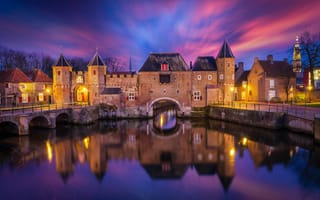 Картинка Нидерланды, подсветка, река, отражение, небо, ночь, крепость, город, облака, Коппельпорт, Амерсфорт