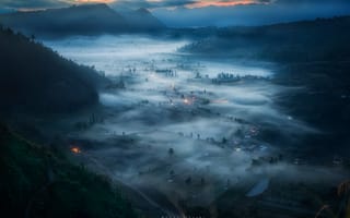 Картинка Индонезия, утро, остров Бали, туман, долина, горы