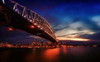 Картинка city, lights, bridge, city lights, Opera House, water, skyscrapers, twilight, photography, sunset, Sydney, cityscape, architecture, evening, buildings, Australia