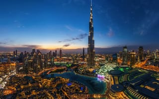 Картинка ОАЭ, Dubai, башня Бурдж-Халифа, вечер, огни, Дубай, город