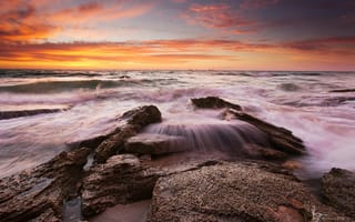 Картинка Западная Австралия, камни, облака, закат, вечер, небо, волны, Индийский океан, Burns Beach
