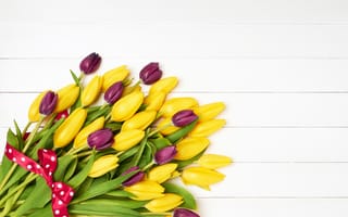 Картинка цветы, букет, yellow, желтые, flowers, лента, тюльпаны, фиолетовые