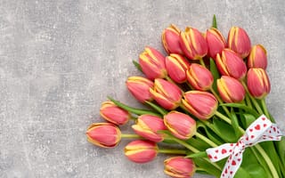 Картинка цветы, букет, flowers, лента, тюльпаны, tulips, beautiful, red, красные, love, spring, romantic