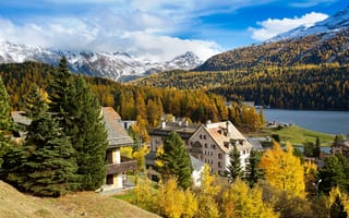Картинка Швейцария, река, осень, лес, дома, горы, St. Moritz