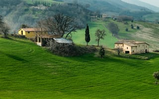 Картинка Италия, горы, Кампания, холмы, поле, трава, деревья, дом