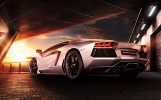 Картинка Lamborghini, Sunset, Beauty, LP700-4, Sky, Reflection, Rear, Aventador, Supercar
